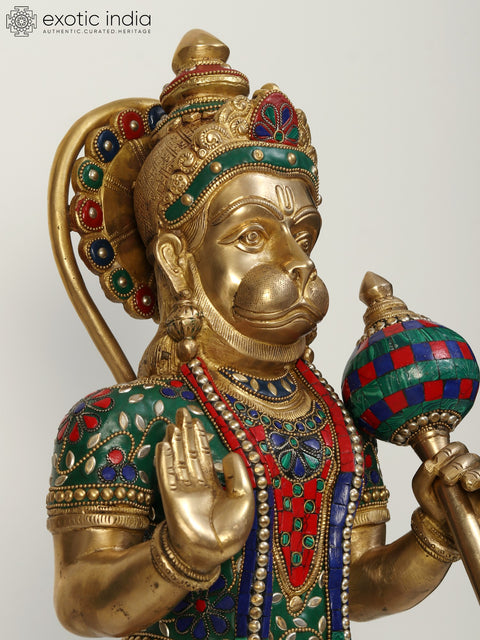23" Standing Lord Hanuman in Blessing Gesture | Brass Statue with Inlay Work