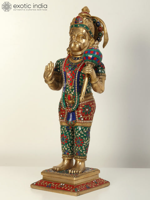 23" Standing Lord Hanuman in Blessing Gesture | Brass Statue with Inlay Work