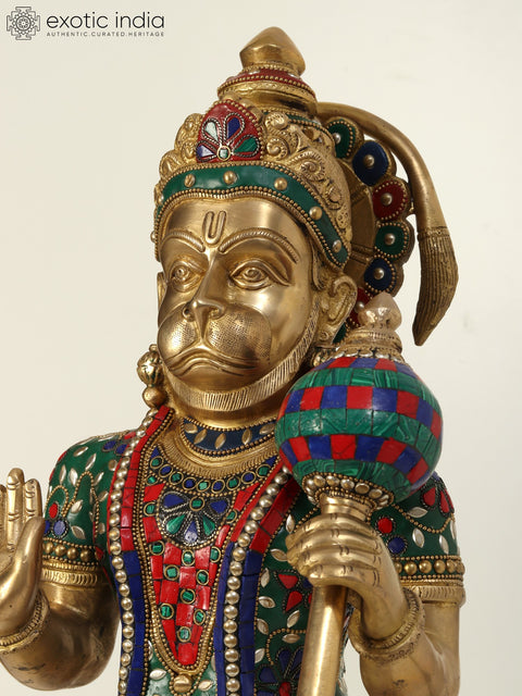 23" Standing Lord Hanuman in Blessing Gesture | Brass Statue with Inlay Work