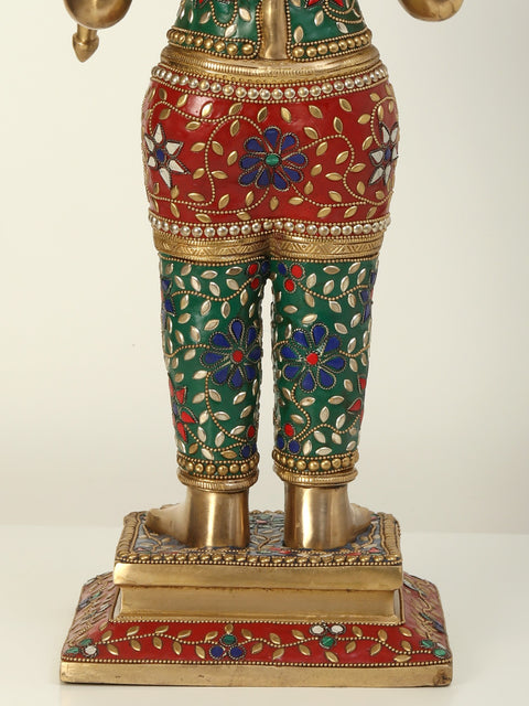 23" Standing Lord Hanuman in Blessing Gesture | Brass Statue with Inlay Work