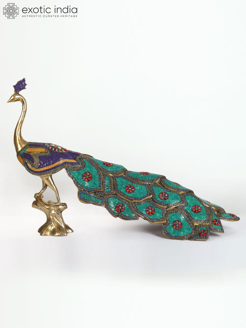 36" Large Brass Peacock Statue with Stone Work Handmade