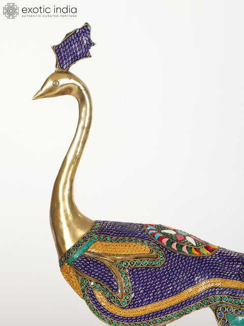 36" Large Beautiful Peacock Figure | Brass Statue with Stone Work