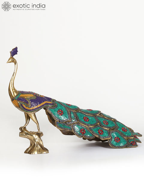 36" Large Beautiful Peacock Figure | Brass Statue with Stone Work