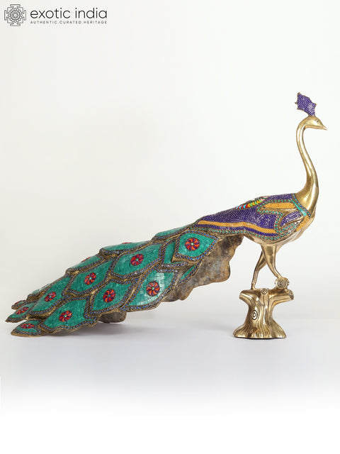 36" Large Beautiful Peacock Figure | Brass Statue with Stone Work