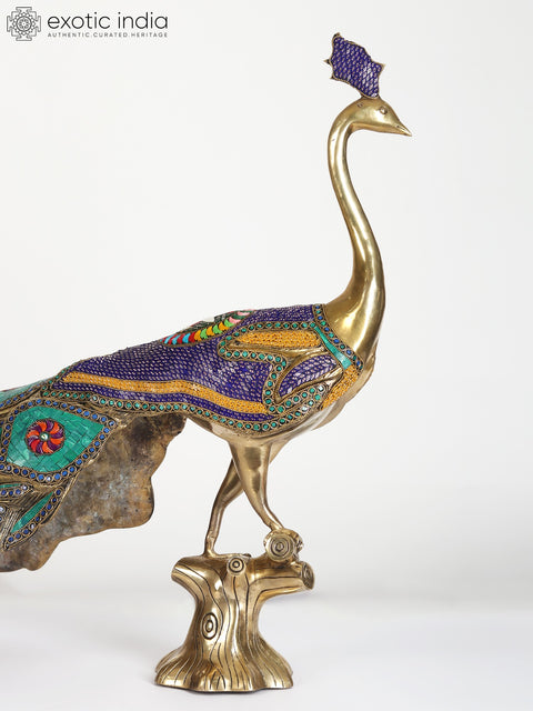 36" Large Beautiful Peacock Figure | Brass Statue with Stone Work