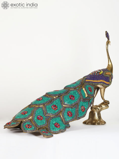 36" Large Beautiful Peacock Figure | Brass Statue with Stone Work