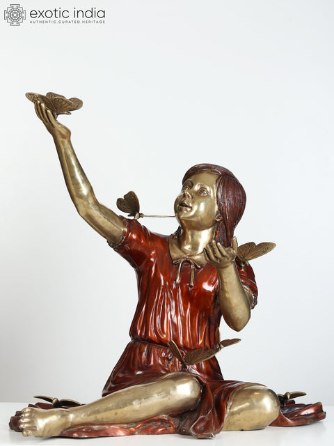 30" Large Beautiful Girl Playing with Butterflies | Brass Sculpture