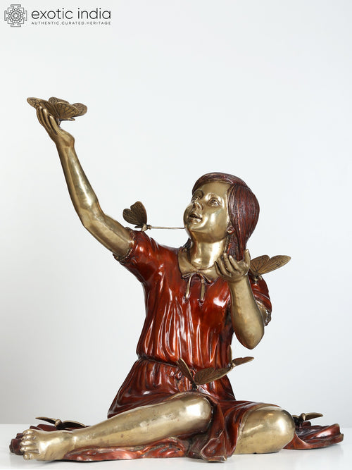 30" Large Girl Playing with Butterflies Brass Sculpture