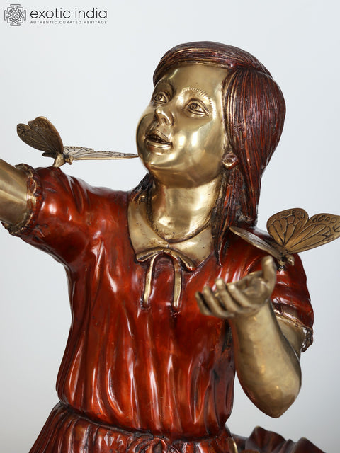 30" Large Beautiful Girl Playing with Butterflies | Brass Sculpture