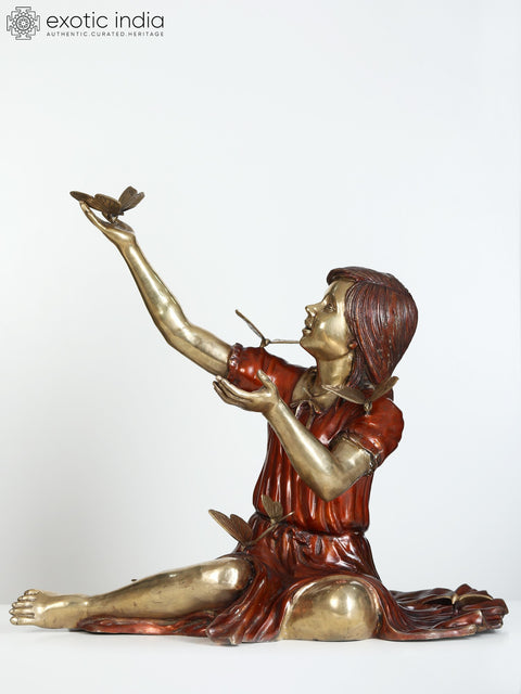 30" Large Beautiful Girl Playing with Butterflies | Brass Sculpture