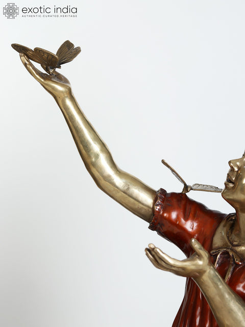 30" Large Beautiful Girl Playing with Butterflies | Brass Sculpture