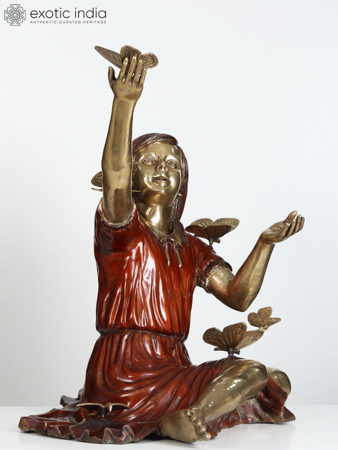 30" Large Beautiful Girl Playing with Butterflies | Brass Sculpture
