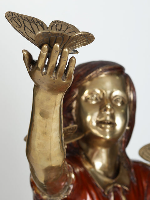 30" Large Beautiful Girl Playing with Butterflies | Brass Sculpture