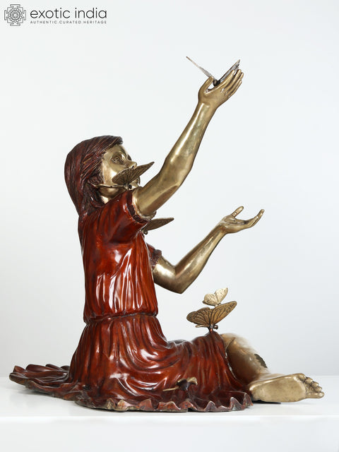 30" Large Beautiful Girl Playing with Butterflies | Brass Sculpture