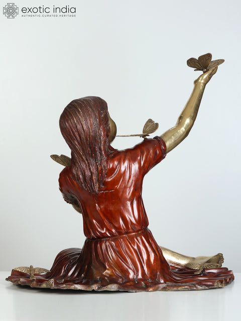 30" Large Beautiful Girl Playing with Butterflies | Brass Sculpture