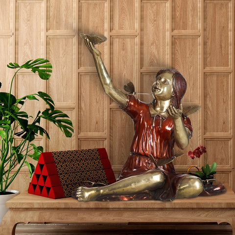 30" Large Beautiful Girl Playing with Butterflies | Brass Sculpture