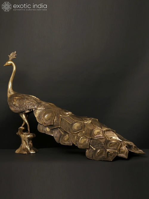 36" Large Brass Peacock Statue for Home Decor