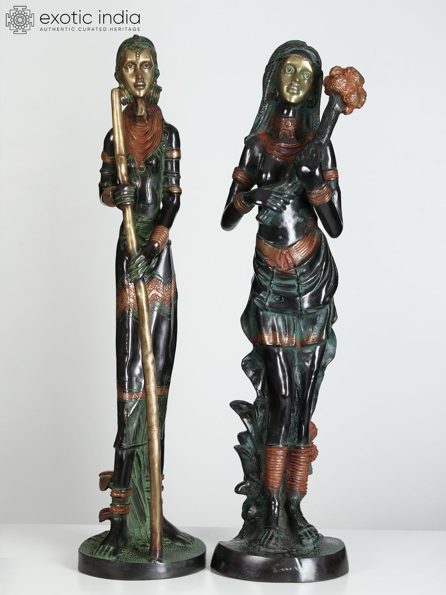 37" Large European Tribal Women Brass Sculpture Handmade