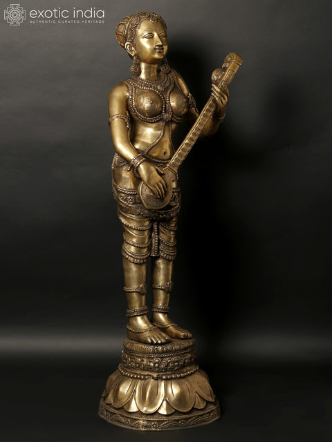 55" Large Standing Apsara Playing Veena | Brass Sculpture