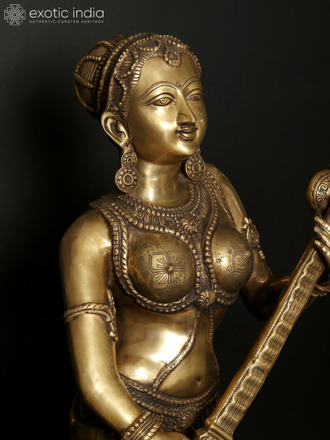 55" Large Standing Apsara Playing Veena | Brass Sculpture