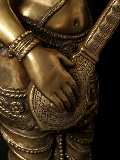 55" Large Standing Apsara Playing Veena | Brass Sculpture