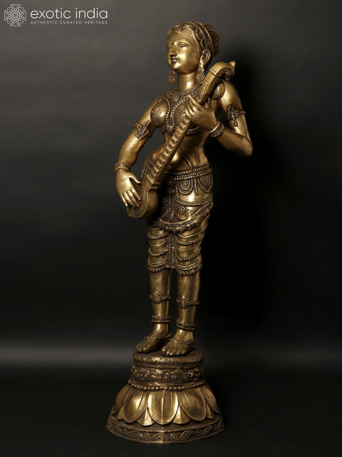 55" Large Standing Apsara Playing Veena | Brass Sculpture