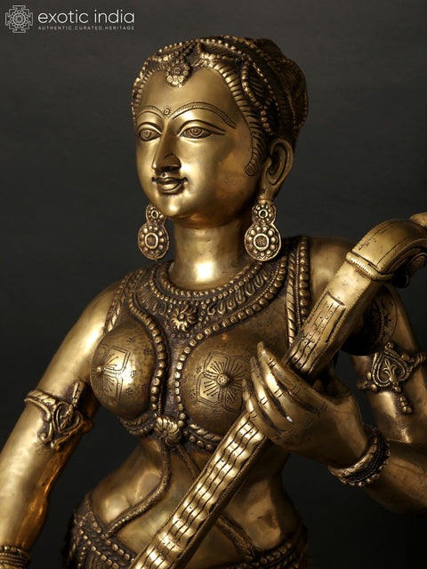 55" Large Standing Apsara Playing Veena | Brass Sculpture