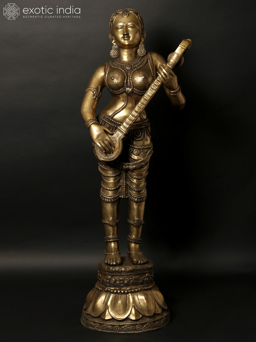 55" Standing Apsara Playing Veena Brass Sculpture
