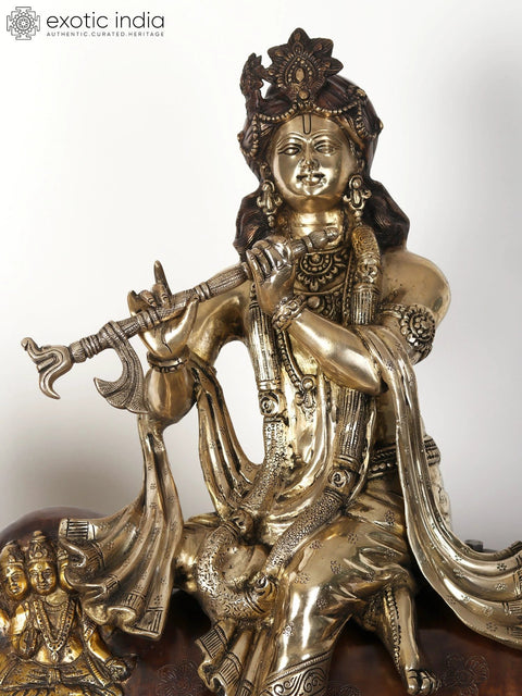 42" Large Brass Fluting Krishna Idol Sitting on Cow