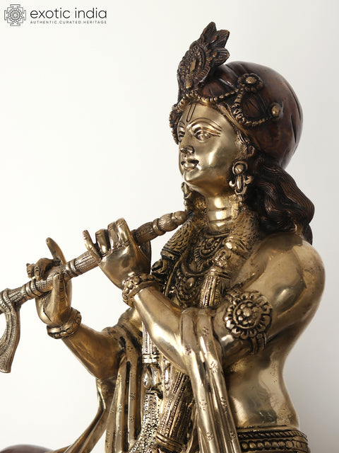 42" Large Brass Fluting Krishna Idol Sitting on Cow