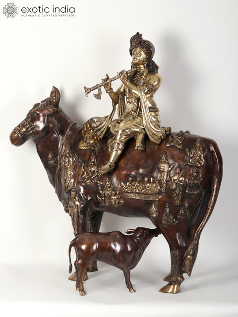 42" Large Brass Fluting Krishna Idol Sitting on Cow