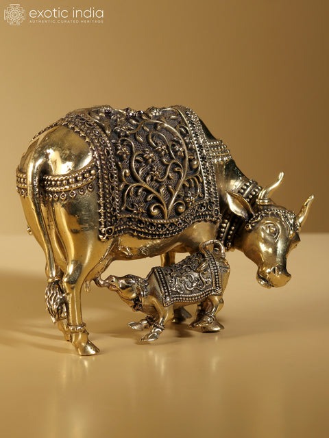 5" Brass Superfine Statue of Kamdhenu Cow with Calf