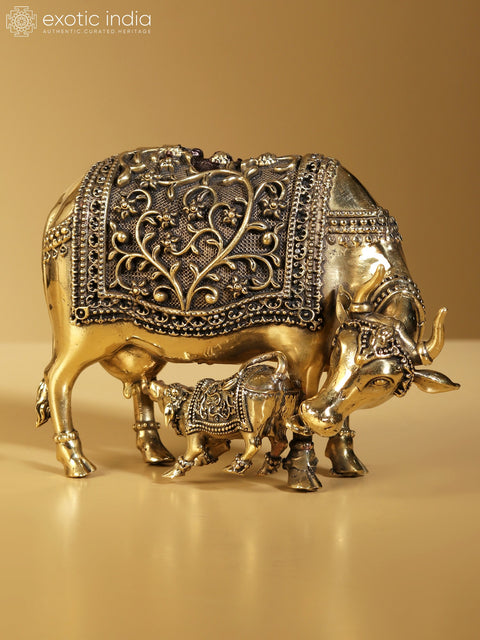 5" Brass Superfine Statue of Kamdhenu Cow with Calf