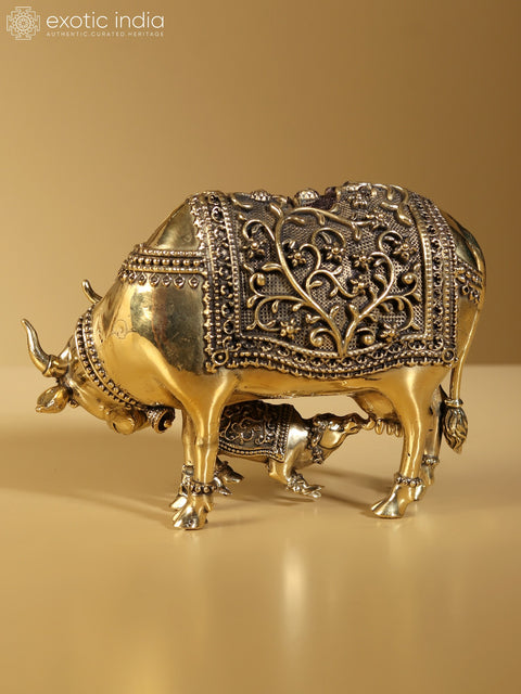 5" Brass Superfine Statue of Kamdhenu Cow with Calf