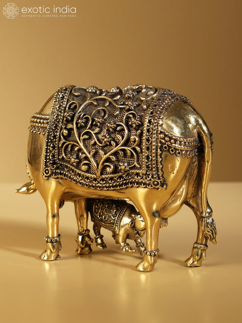 5" Brass Superfine Statue of Kamdhenu Cow with Calf