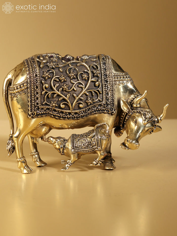 5" Brass Handmade Kamdhenu Cow with Calf Statue
