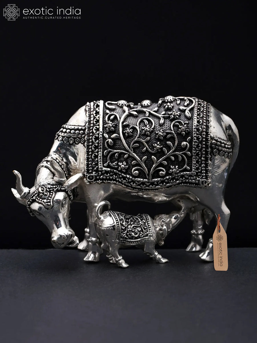 Small Brass Cow and Calf Statue for Home Decor