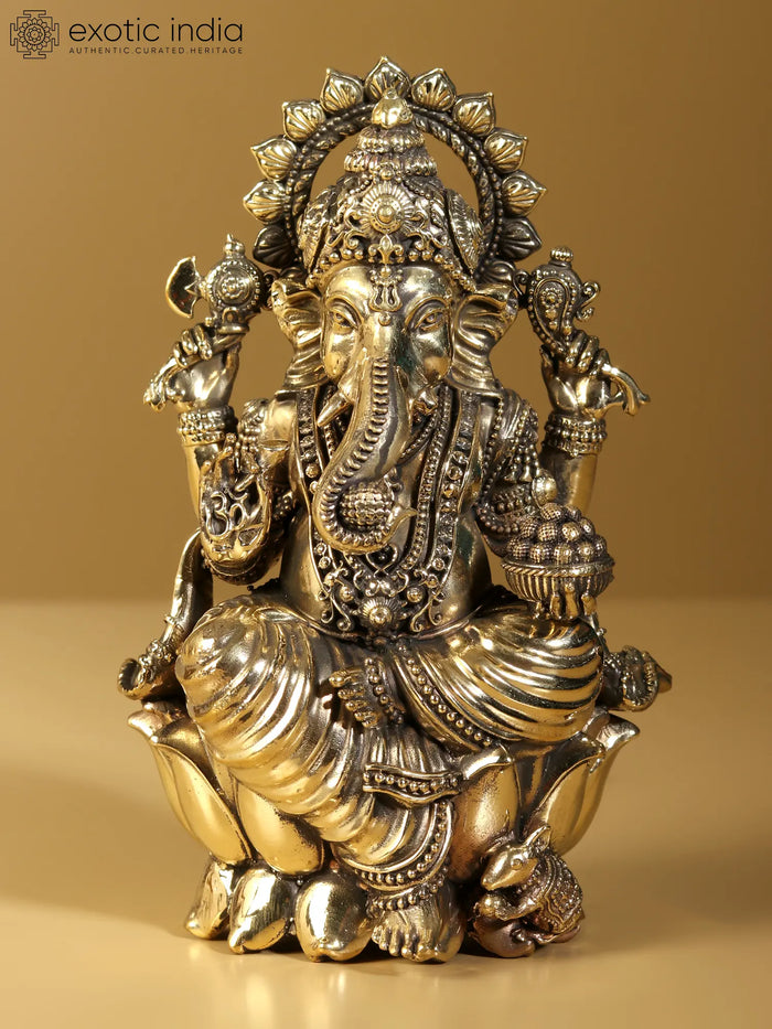 Superfine Lord Ganapati Brass Statue Seated on Lotus for Pooja