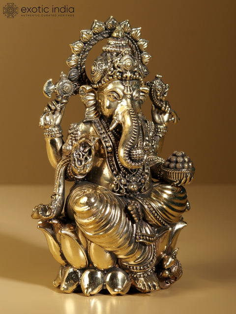 Superfine Lord Ganapati Brass Statue Seated on Lotus