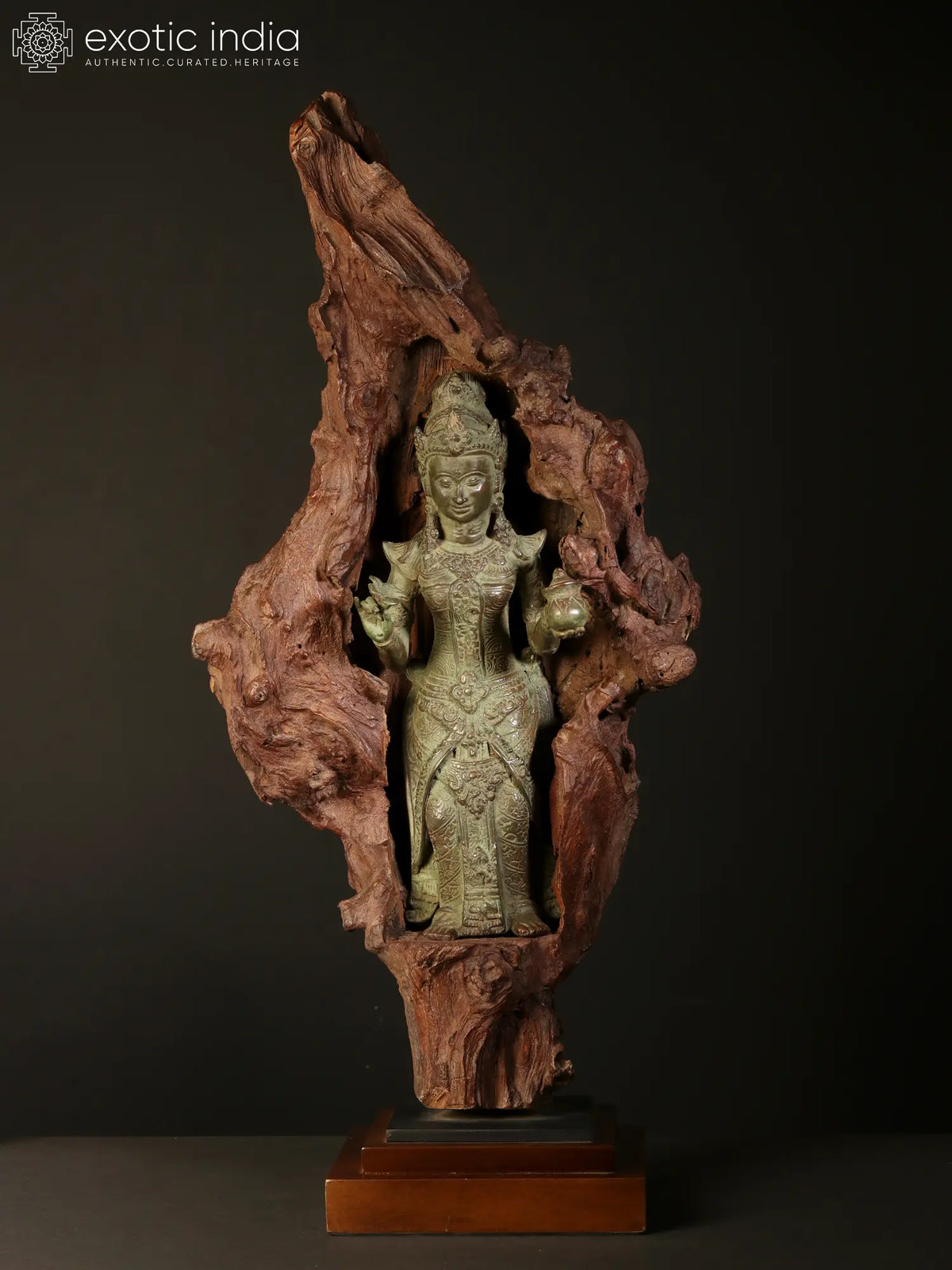 28" Tibetan Buddhist Goddess Guanyin | Brass Statue on Wood Base