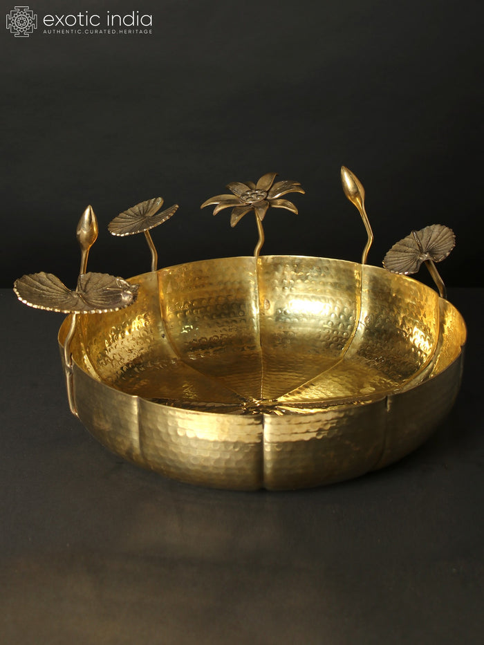 16" Brass Urli with Lotus Leaves Design for Home Decor