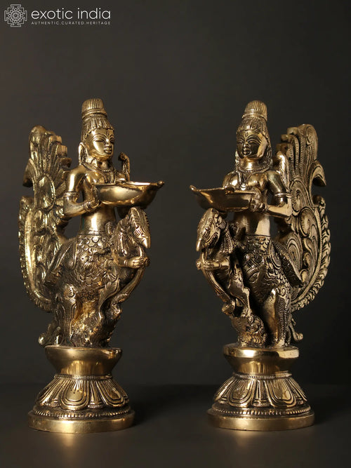 10" Gandharva Brass Lamps Pair Handmade Home Decor