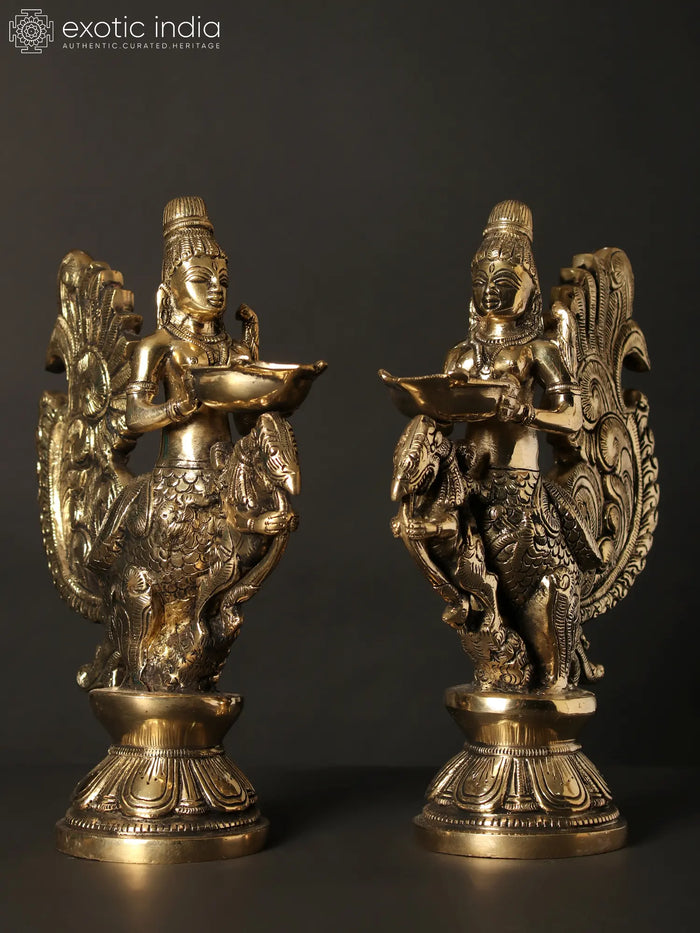 10" Pair of Gandharvas Lamps in Brass