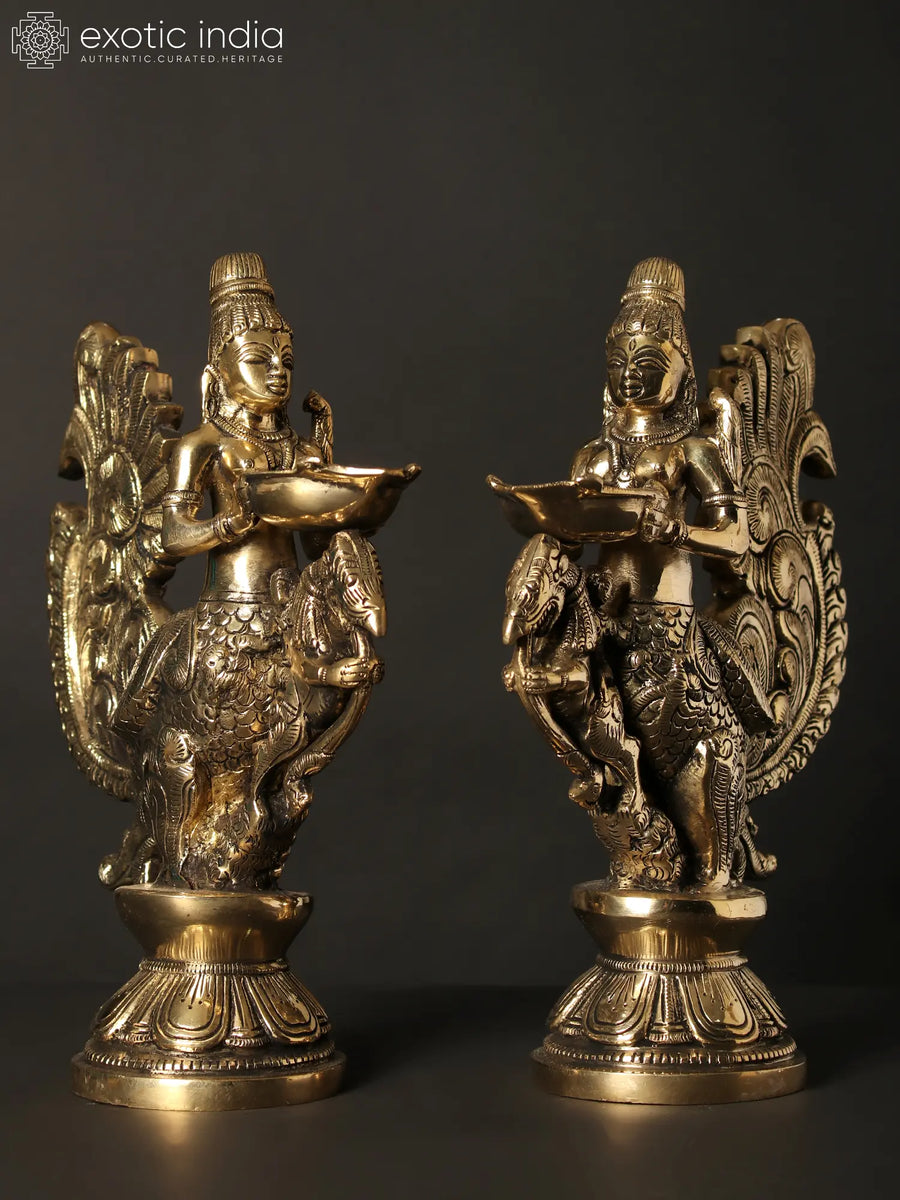 10" Gandharva Brass Lamps Pair Handmade Home Decor