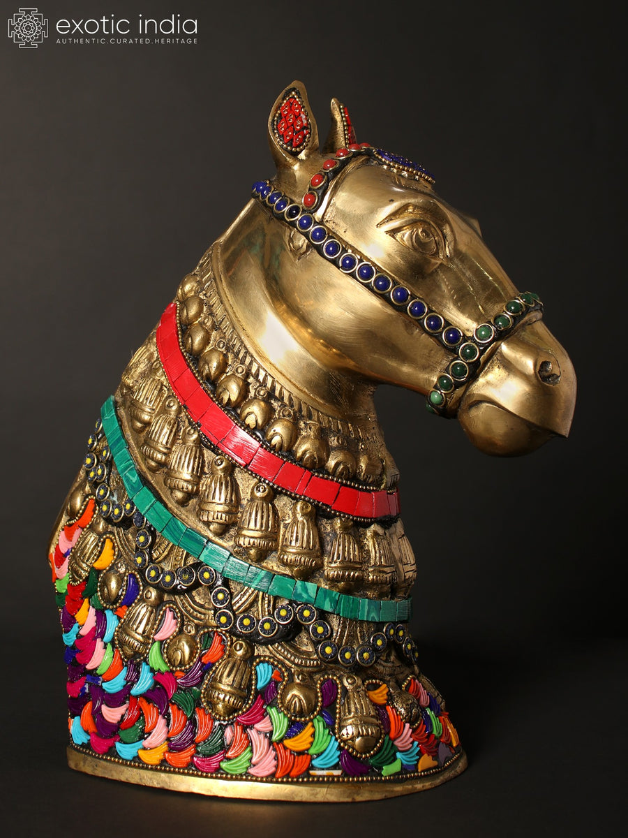 10" Brass Horse Statue with Inlay Work for Home Decor