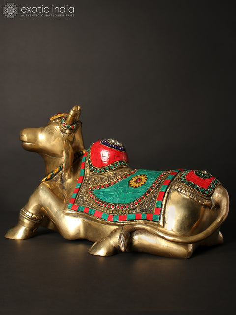 13" Nandi - Vahana of Lord Shiva | Brass Statue with Inlay Work