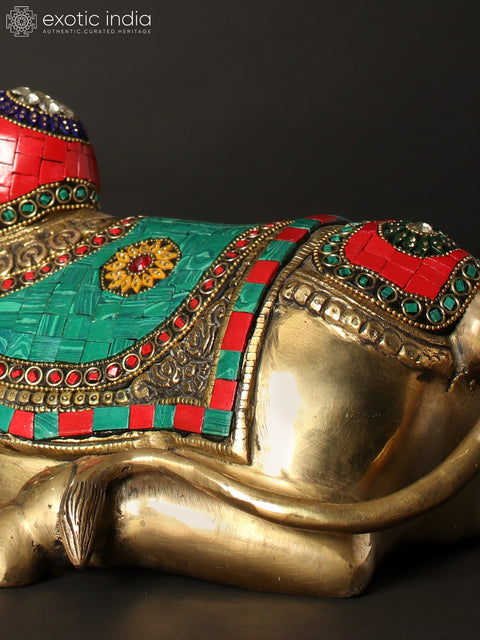 13" Nandi - Vahana of Lord Shiva | Brass Statue with Inlay Work