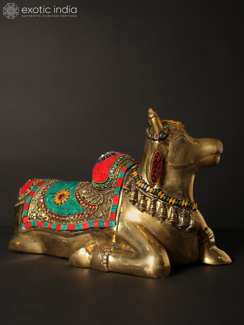 13" Nandi - Vahana of Lord Shiva | Brass Statue with Inlay Work