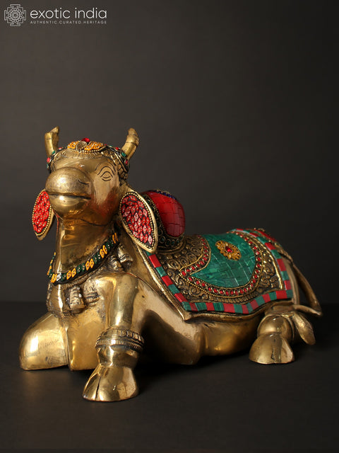 13" Nandi - Vahana of Lord Shiva | Brass Statue with Inlay Work