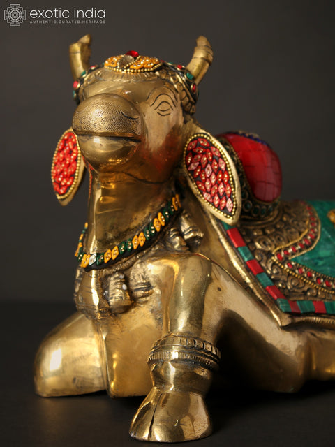 13" Nandi - Vahana of Lord Shiva | Brass Statue with Inlay Work